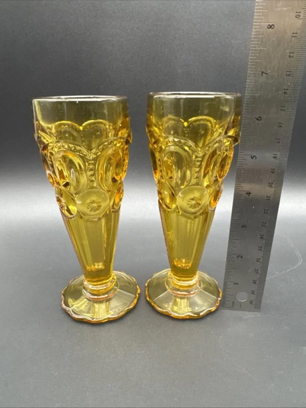 VTG MCM LE Smith Glass Moon Stars Amber Bud Vase Pair Fall Decor